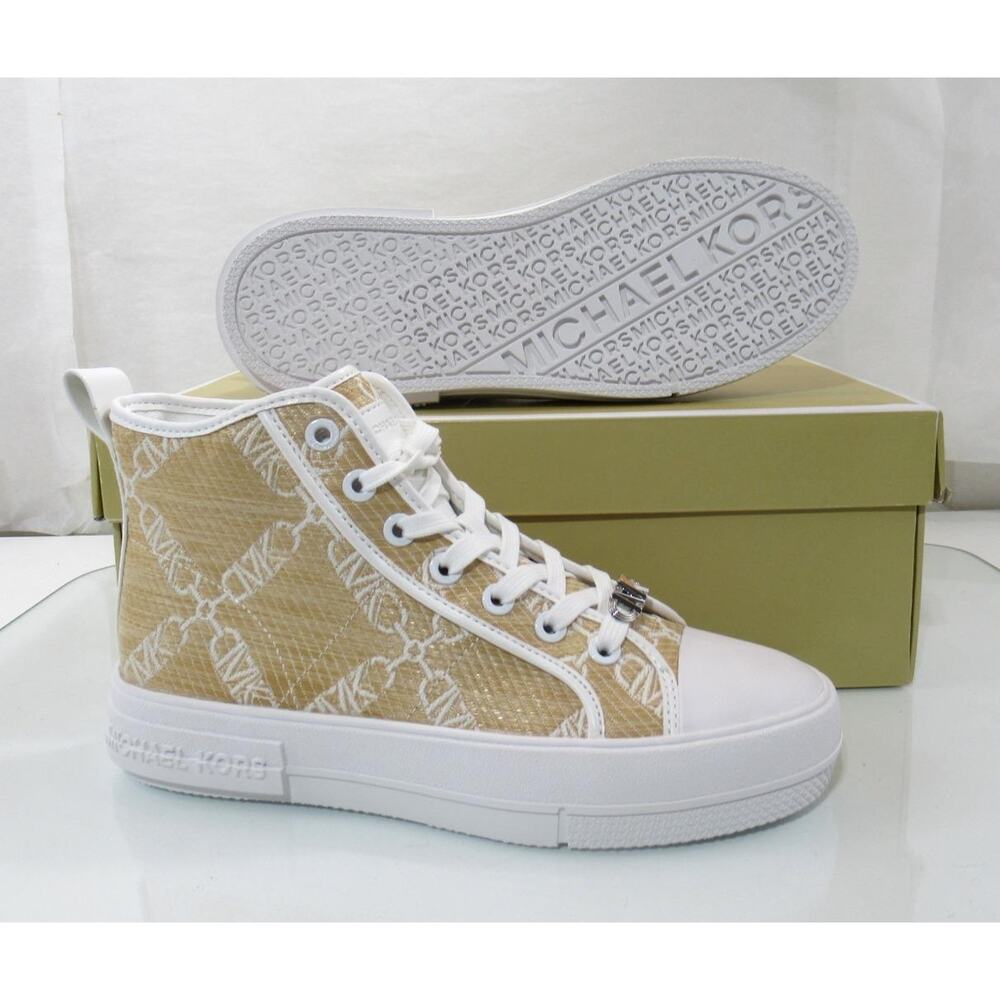 Michael Kors Evy High Top Lace Up Sneaker Empire Signature Logo Natural Size 7.5 - Picture 8 of 8